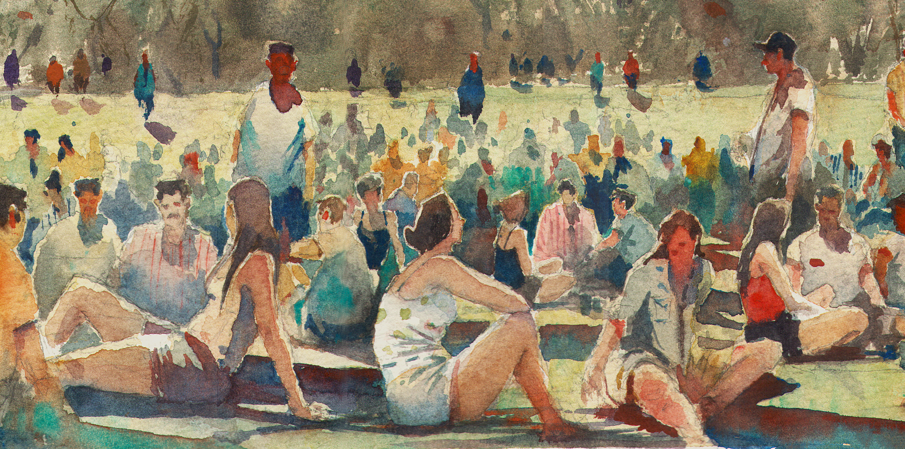 Watercolor painting of sheep meadow in central park during the summer. 