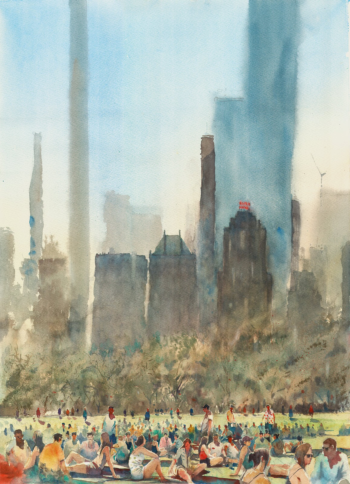 Watercolor painting of NYC skyline with people from Central Park